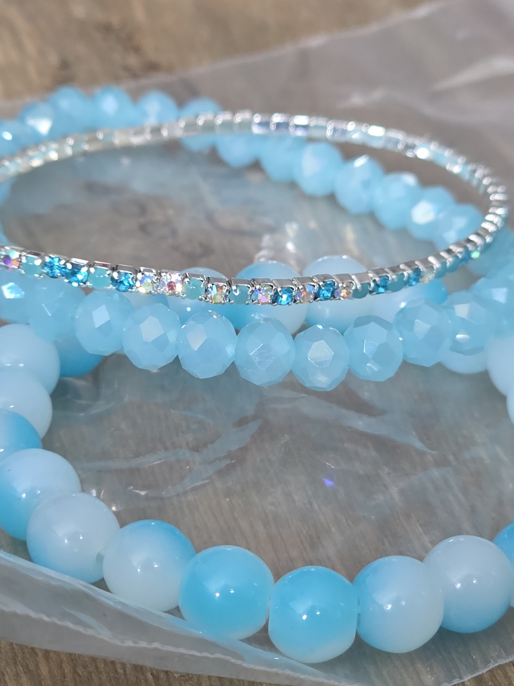 Sky Blue Beaded Bracelet Stack with Crystal Rhinestone Bangle